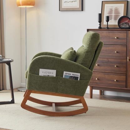 Chenille Low Seat Rocking Chair,Upholstered Nursery Glider Chair with Side Pockets,Accent Arm Chair with High Backrest,Comfy Head Rest, and Solid Wood Base For Living Room Bedroom Balcony,Beige