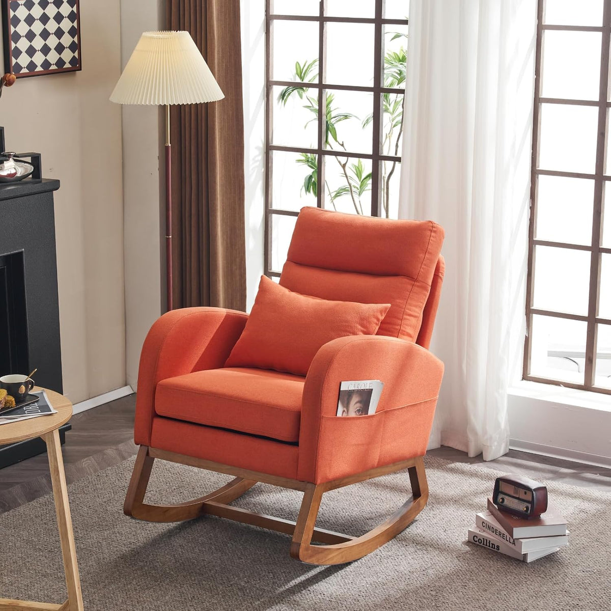 Chenille Low Seat Rocking Chair,Upholstered Nursery Glider Chair with Side Pockets,Accent Arm Chair with High Backrest,Comfy Head Rest, and Solid Wood Base For Living Room Bedroom Balcony,Beige