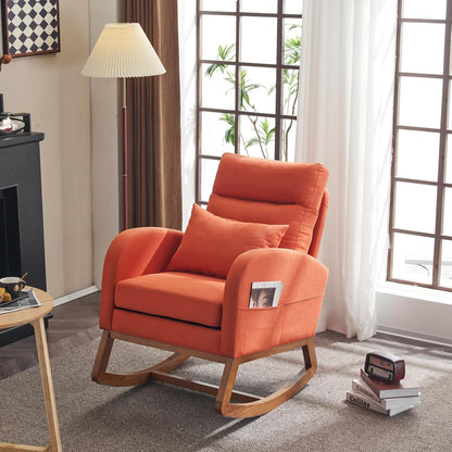 Chenille Low Seat Rocking Chair,Upholstered Nursery Glider Chair with Side Pockets,Accent Arm Chair with High Backrest,Comfy Head Rest, and Solid Wood Base For Living Room Bedroom Balcony,Beige