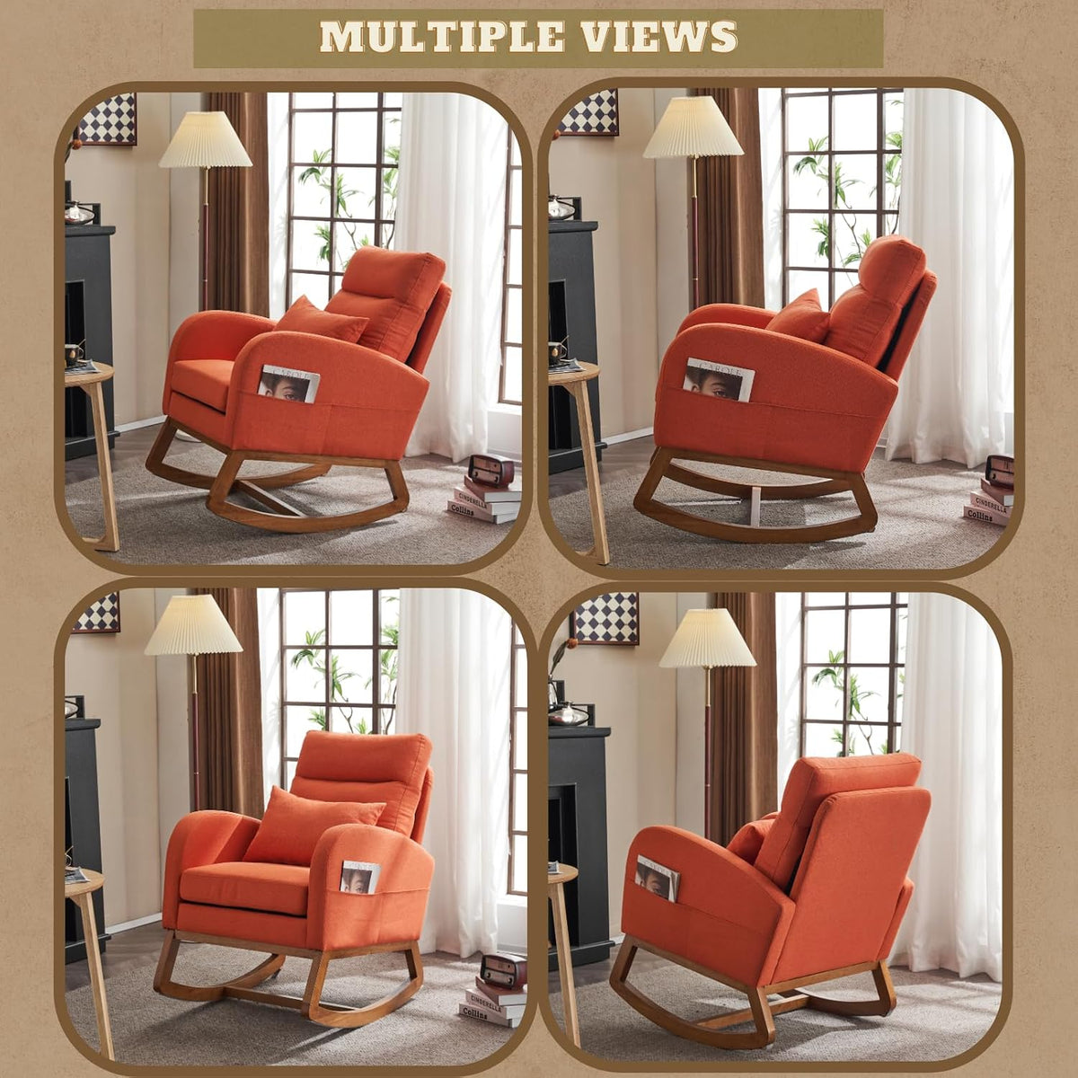 Chenille Low Seat Rocking Chair,Upholstered Nursery Glider Chair with Side Pockets,Accent Arm Chair with High Backrest,Comfy Head Rest, and Solid Wood Base For Living Room Bedroom Balcony,Beige