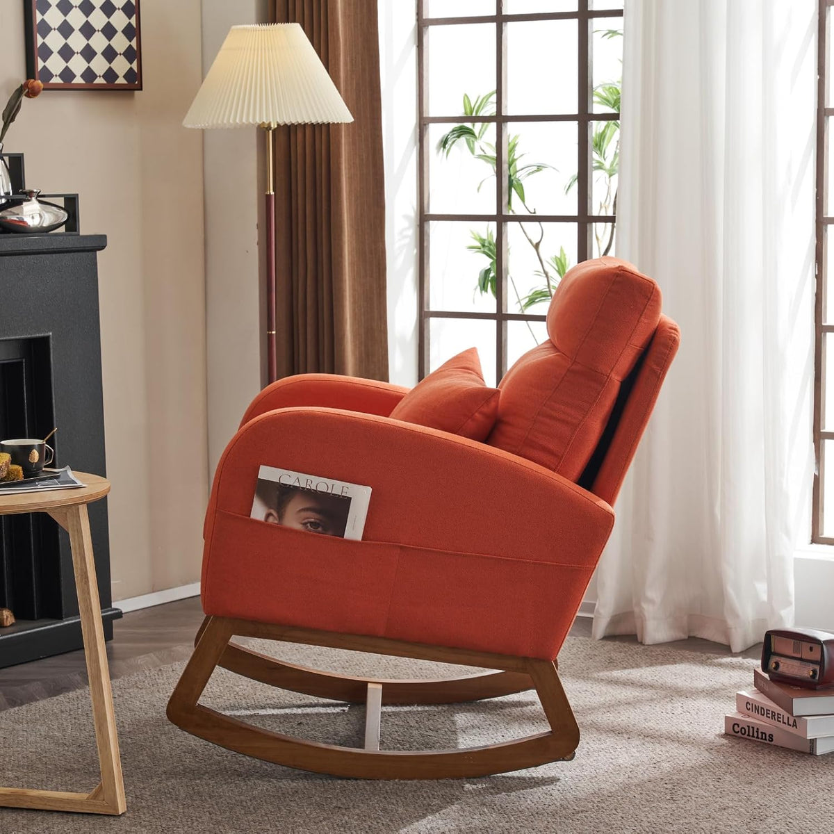 Chenille Low Seat Rocking Chair,Upholstered Nursery Glider Chair with Side Pockets,Accent Arm Chair with High Backrest,Comfy Head Rest, and Solid Wood Base For Living Room Bedroom Balcony,Beige