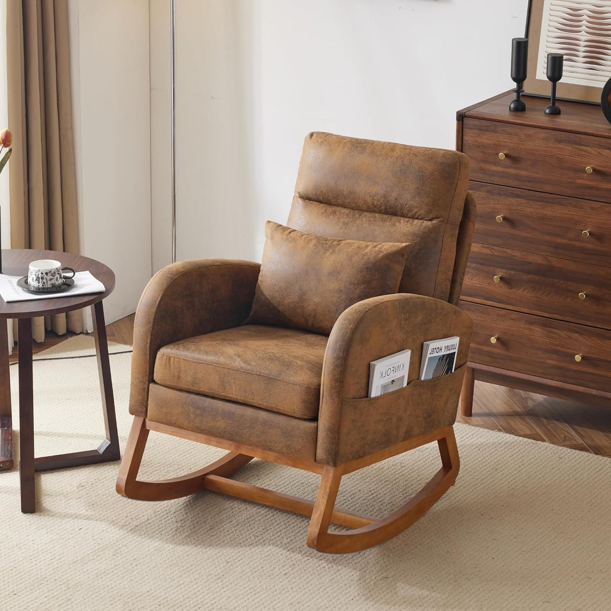 Chenille Low Seat Rocking Chair,Upholstered Nursery Glider Chair with Side Pockets,Accent Arm Chair with High Backrest,Comfy Head Rest, and Solid Wood Base For Living Room Bedroom Balcony,Beige