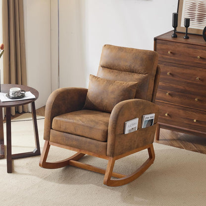 Chenille Low Seat Rocking Chair,Upholstered Nursery Glider Chair with Side Pockets,Accent Arm Chair with High Backrest,Comfy Head Rest, and Solid Wood Base For Living Room Bedroom Balcony,Beige