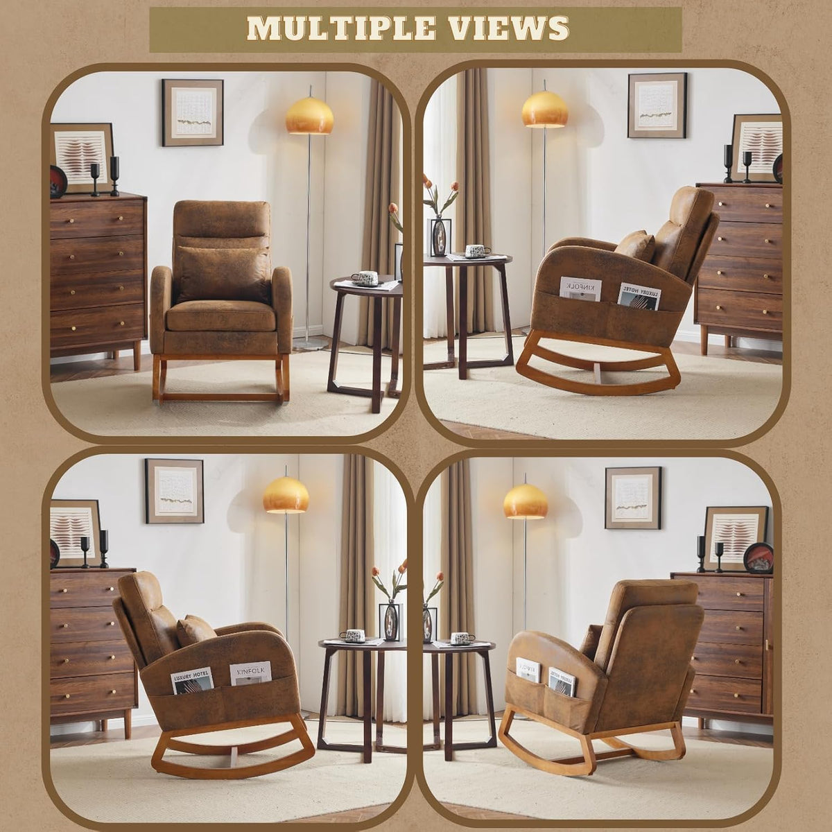 Chenille Low Seat Rocking Chair,Upholstered Nursery Glider Chair with Side Pockets,Accent Arm Chair with High Backrest,Comfy Head Rest, and Solid Wood Base For Living Room Bedroom Balcony,Beige