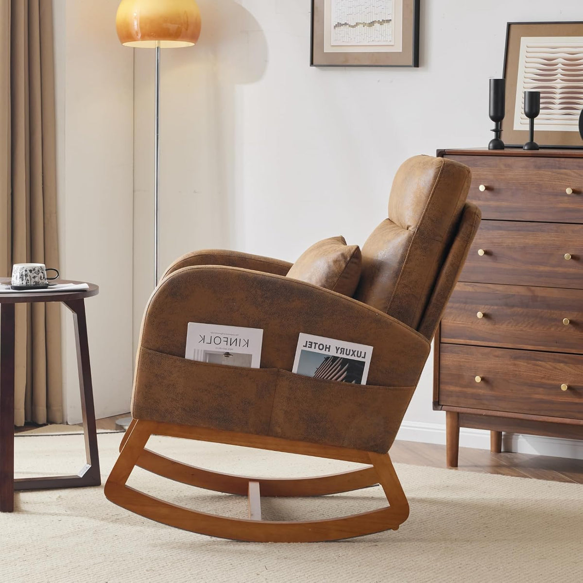 Chenille Low Seat Rocking Chair,Upholstered Nursery Glider Chair with Side Pockets,Accent Arm Chair with High Backrest,Comfy Head Rest, and Solid Wood Base For Living Room Bedroom Balcony,Beige