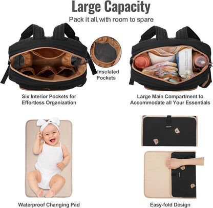 Diaper Bag Backpack with Changing Pad - Travel Baby Bag, Insulated Bottle Pockets, Stroller Straps (Medium - Black Flowers)