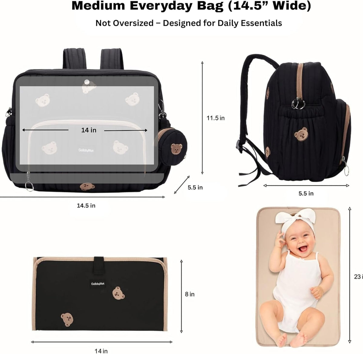 Diaper Bag Backpack with Changing Pad - Travel Baby Bag, Insulated Bottle Pockets, Stroller Straps (Medium - Black Flowers)