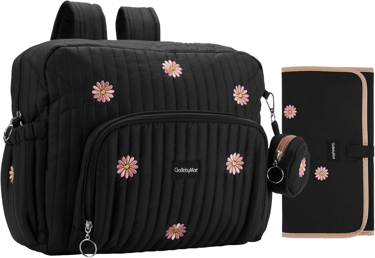 Diaper Bag Backpack with Changing Pad - Travel Baby Bag, Insulated Bottle Pockets, Stroller Straps (Medium - Black Flowers)