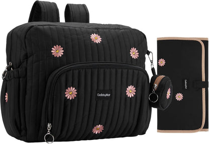 Diaper Bag Backpack with Changing Pad - Travel Baby Bag, Insulated Bottle Pockets, Stroller Straps (Medium - Black Flowers)