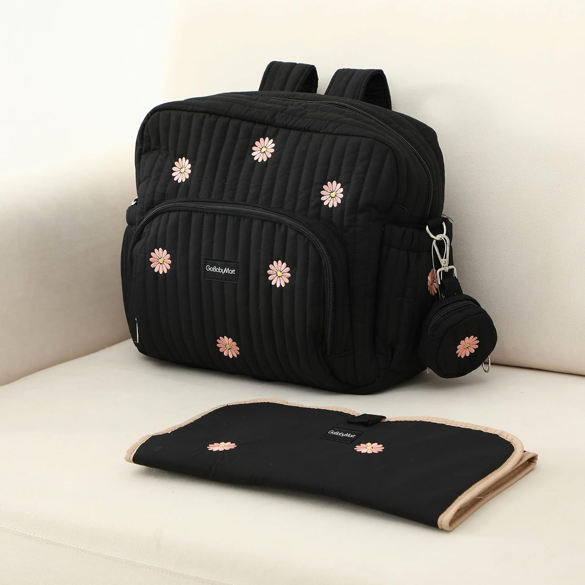 Diaper Bag Backpack with Changing Pad - Travel Baby Bag, Insulated Bottle Pockets, Stroller Straps (Medium - Black Flowers)