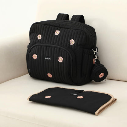 Diaper Bag Backpack with Changing Pad - Travel Baby Bag, Insulated Bottle Pockets, Stroller Straps (Medium - Black Flowers)
