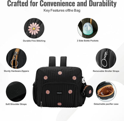 Diaper Bag Backpack with Changing Pad - Travel Baby Bag, Insulated Bottle Pockets, Stroller Straps (Medium - Black Flowers)