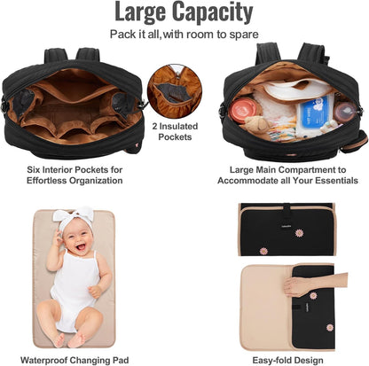 Diaper Bag Backpack with Changing Pad - Travel Baby Bag, Insulated Bottle Pockets, Stroller Straps (Medium - Black Flowers)