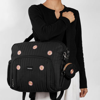 Diaper Bag Backpack with Changing Pad - Travel Baby Bag, Insulated Bottle Pockets, Stroller Straps (Medium - Black Flowers)