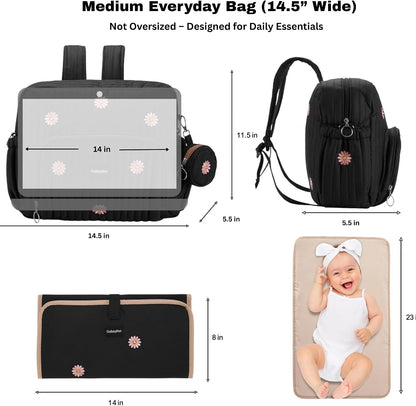 Diaper Bag Backpack with Changing Pad - Travel Baby Bag, Insulated Bottle Pockets, Stroller Straps (Medium - Black Flowers)