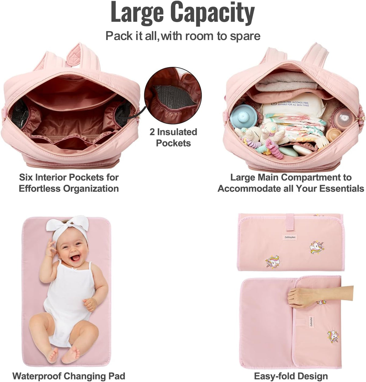 Diaper Bag Backpack with Changing Pad - Travel Baby Bag, Insulated Bottle Pockets, Stroller Straps (Medium - Black Flowers)