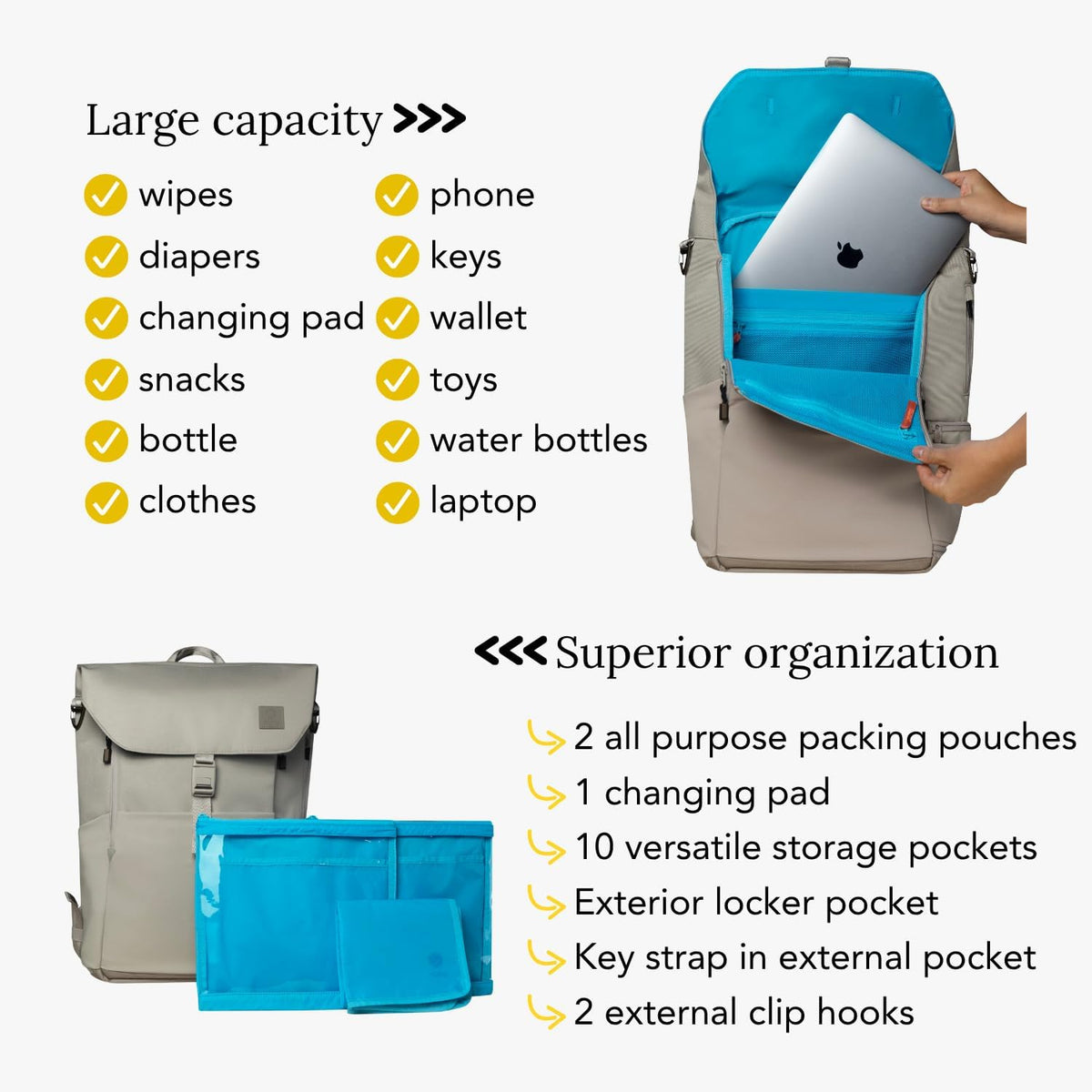 Diaper Bag Backpack – Large Baby Bag for Moms & Dads – Water-Resistant, Unisex Travel Kit for New Parents – Includes Changing Pad and 2 Organizer Pouches (Outdoorsy Sage)