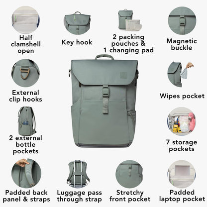 Diaper Bag Backpack – Large Baby Bag for Moms & Dads – Water-Resistant, Unisex Travel Kit for New Parents – Includes Changing Pad and 2 Organizer Pouches (Outdoorsy Sage)
