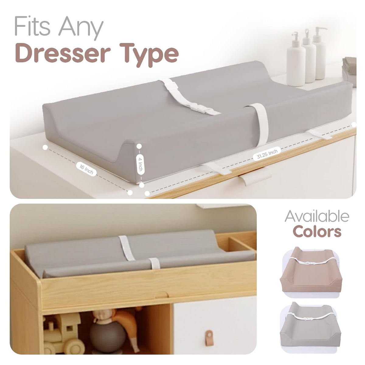 Waterproof Vegan Leather Contoured Baby Changing Pad | Wipe-Clean PU Leather Diaper Change Mat, Soft, Wipeable Removable & Washable Cover, Non-Slip Bottom, Standard Infant Diaper Table & Dresser Tan