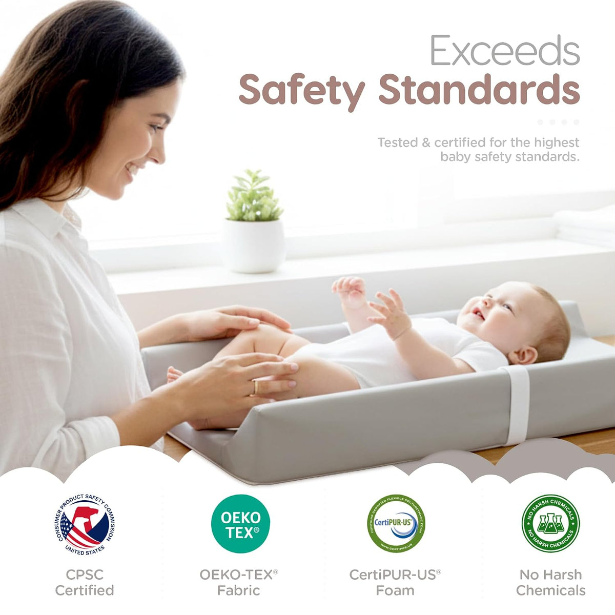 Waterproof Vegan Leather Contoured Baby Changing Pad | Wipe-Clean PU Leather Diaper Change Mat, Soft, Wipeable Removable & Washable Cover, Non-Slip Bottom, Standard Infant Diaper Table & Dresser Tan