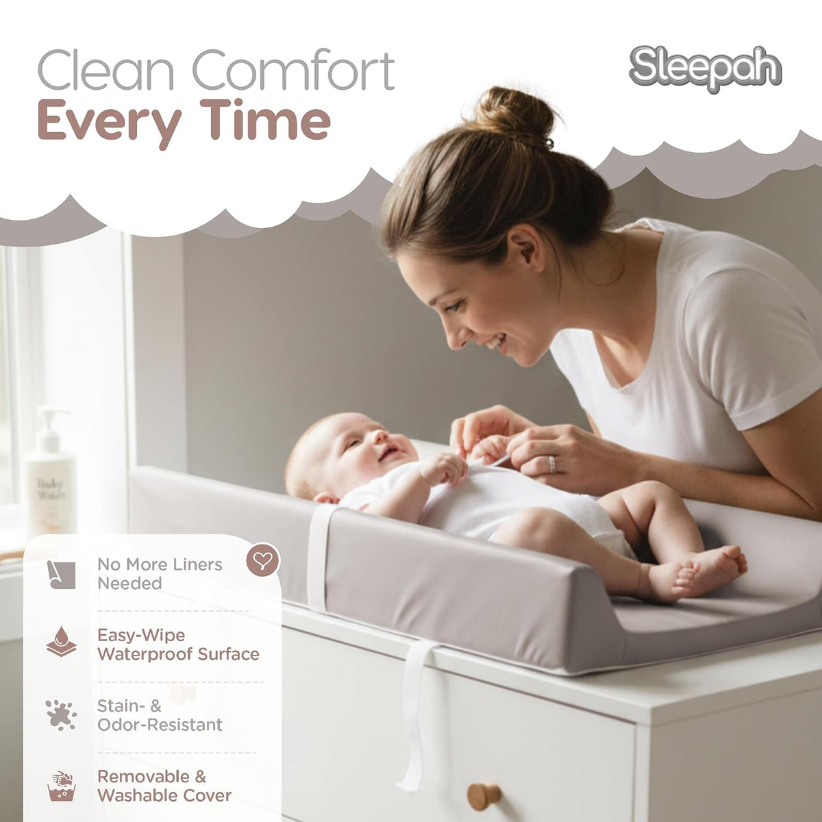 Waterproof Vegan Leather Contoured Baby Changing Pad | Wipe-Clean PU Leather Diaper Change Mat, Soft, Wipeable Removable & Washable Cover, Non-Slip Bottom, Standard Infant Diaper Table & Dresser Tan
