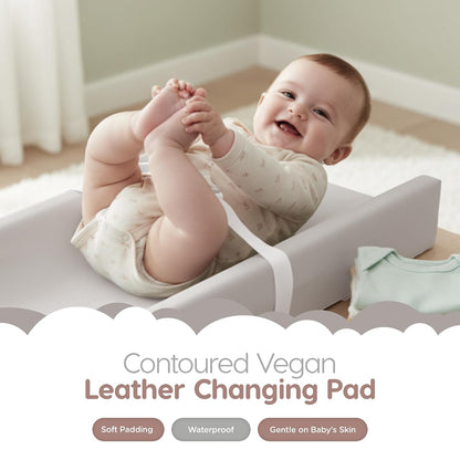 Waterproof Vegan Leather Contoured Baby Changing Pad | Wipe-Clean PU Leather Diaper Change Mat, Soft, Wipeable Removable & Washable Cover, Non-Slip Bottom, Standard Infant Diaper Table & Dresser Tan