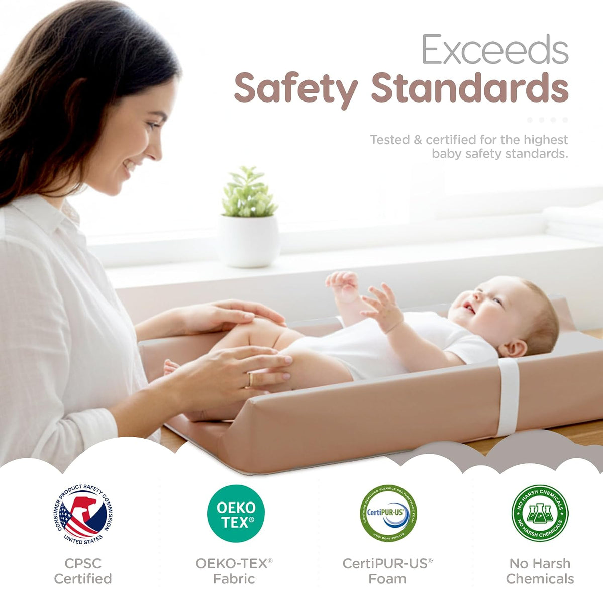 Waterproof Vegan Leather Contoured Baby Changing Pad | Wipe-Clean PU Leather Diaper Change Mat, Soft, Wipeable Removable & Washable Cover, Non-Slip Bottom, Standard Infant Diaper Table & Dresser Tan
