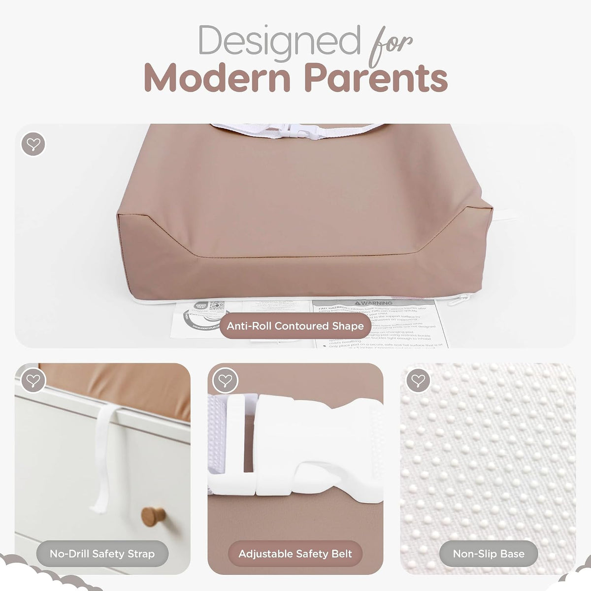 Waterproof Vegan Leather Contoured Baby Changing Pad | Wipe-Clean PU Leather Diaper Change Mat, Soft, Wipeable Removable & Washable Cover, Non-Slip Bottom, Standard Infant Diaper Table & Dresser Tan