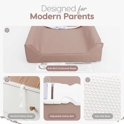 Waterproof Vegan Leather Contoured Baby Changing Pad | Wipe-Clean PU Leather Diaper Change Mat, Soft, Wipeable Removable & Washable Cover, Non-Slip Bottom, Standard Infant Diaper Table & Dresser Tan