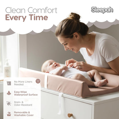 Waterproof Vegan Leather Contoured Baby Changing Pad | Wipe-Clean PU Leather Diaper Change Mat, Soft, Wipeable Removable & Washable Cover, Non-Slip Bottom, Standard Infant Diaper Table & Dresser Tan