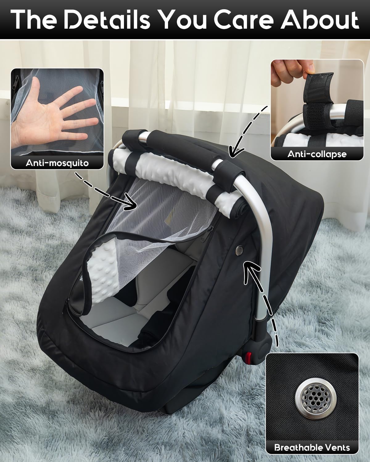 Waterproof Car Seat Cover Baby, 3D Mink Dot Infant Car Seat Cover with 2 Breathable Vents, Universal Carseat Canopy for Girls Boys, Baby Carrier Cover for All Seasons, Protect from Sunlight Rain