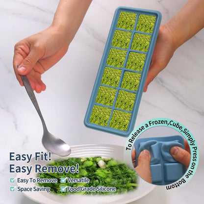 2 Tbsp. Silicone Freezer Molds - Perfect for Storing Garlic, Herbs, Ginger, Pesto, Tomato Paste, Lemon Juice, Purees and More - Silicone Food Freezer Tray (Blue)