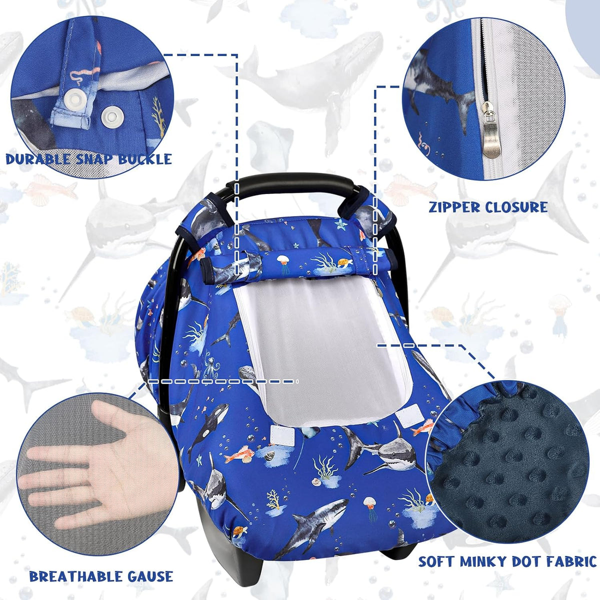 Car Seat Cover Baby Boy, Infant Car Seat Canopy Covers for Newborn with 2 Layers Windows of Breathable Mesh Fabric, Lightweight Polyester/Soft Minky Dot Backing