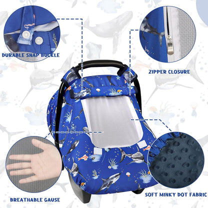 Car Seat Cover Baby Boy, Infant Car Seat Canopy Covers for Newborn with 2 Layers Windows of Breathable Mesh Fabric, Lightweight Polyester/Soft Minky Dot Backing