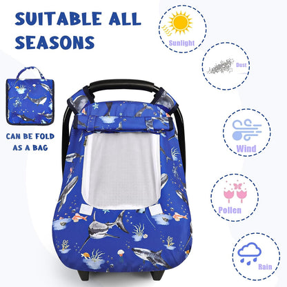 Car Seat Cover Baby Boy, Infant Car Seat Canopy Covers for Newborn with 2 Layers Windows of Breathable Mesh Fabric, Lightweight Polyester/Soft Minky Dot Backing