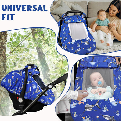 Car Seat Cover Baby Boy, Infant Car Seat Canopy Covers for Newborn with 2 Layers Windows of Breathable Mesh Fabric, Lightweight Polyester/Soft Minky Dot Backing