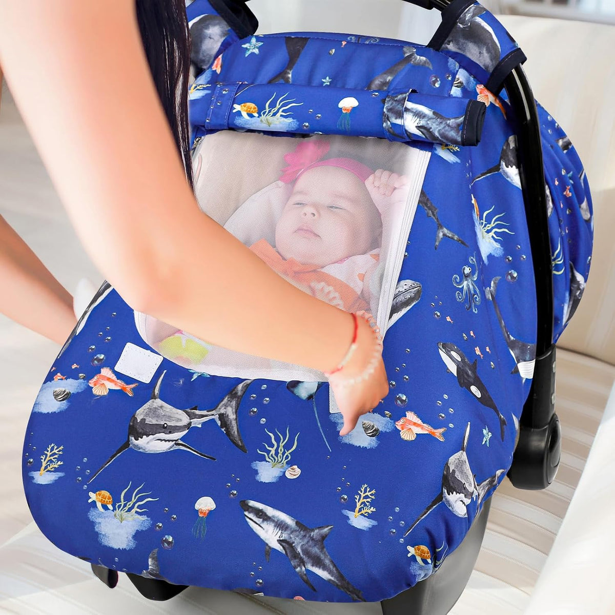 Car Seat Cover Baby Boy, Infant Car Seat Canopy Covers for Newborn with 2 Layers Windows of Breathable Mesh Fabric, Lightweight Polyester/Soft Minky Dot Backing