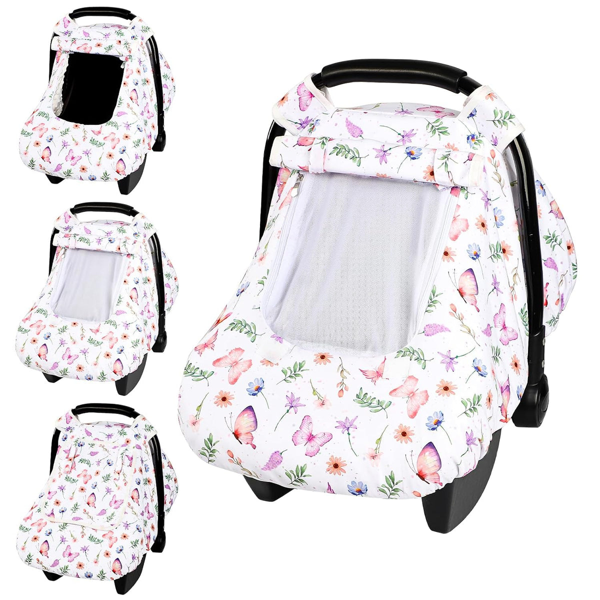 Car Seat Cover Baby Boy, Infant Car Seat Canopy Covers for Newborn with 2 Layers Windows of Breathable Mesh Fabric, Lightweight Polyester/Soft Minky Dot Backing