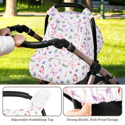 Car Seat Cover Baby Boy, Infant Car Seat Canopy Covers for Newborn with 2 Layers Windows of Breathable Mesh Fabric, Lightweight Polyester/Soft Minky Dot Backing