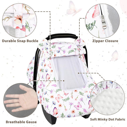 Car Seat Cover Baby Boy, Infant Car Seat Canopy Covers for Newborn with 2 Layers Windows of Breathable Mesh Fabric, Lightweight Polyester/Soft Minky Dot Backing
