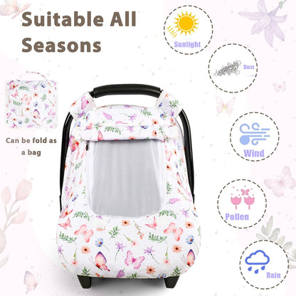 Car Seat Cover Baby Boy, Infant Car Seat Canopy Covers for Newborn with 2 Layers Windows of Breathable Mesh Fabric, Lightweight Polyester/Soft Minky Dot Backing