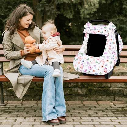 Car Seat Cover Baby Boy, Infant Car Seat Canopy Covers for Newborn with 2 Layers Windows of Breathable Mesh Fabric, Lightweight Polyester/Soft Minky Dot Backing