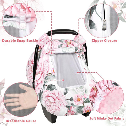 Car Seat Cover Baby Boy, Infant Car Seat Canopy Covers for Newborn with 2 Layers Windows of Breathable Mesh Fabric, Lightweight Polyester/Soft Minky Dot Backing