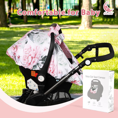 Car Seat Cover Baby Boy, Infant Car Seat Canopy Covers for Newborn with 2 Layers Windows of Breathable Mesh Fabric, Lightweight Polyester/Soft Minky Dot Backing
