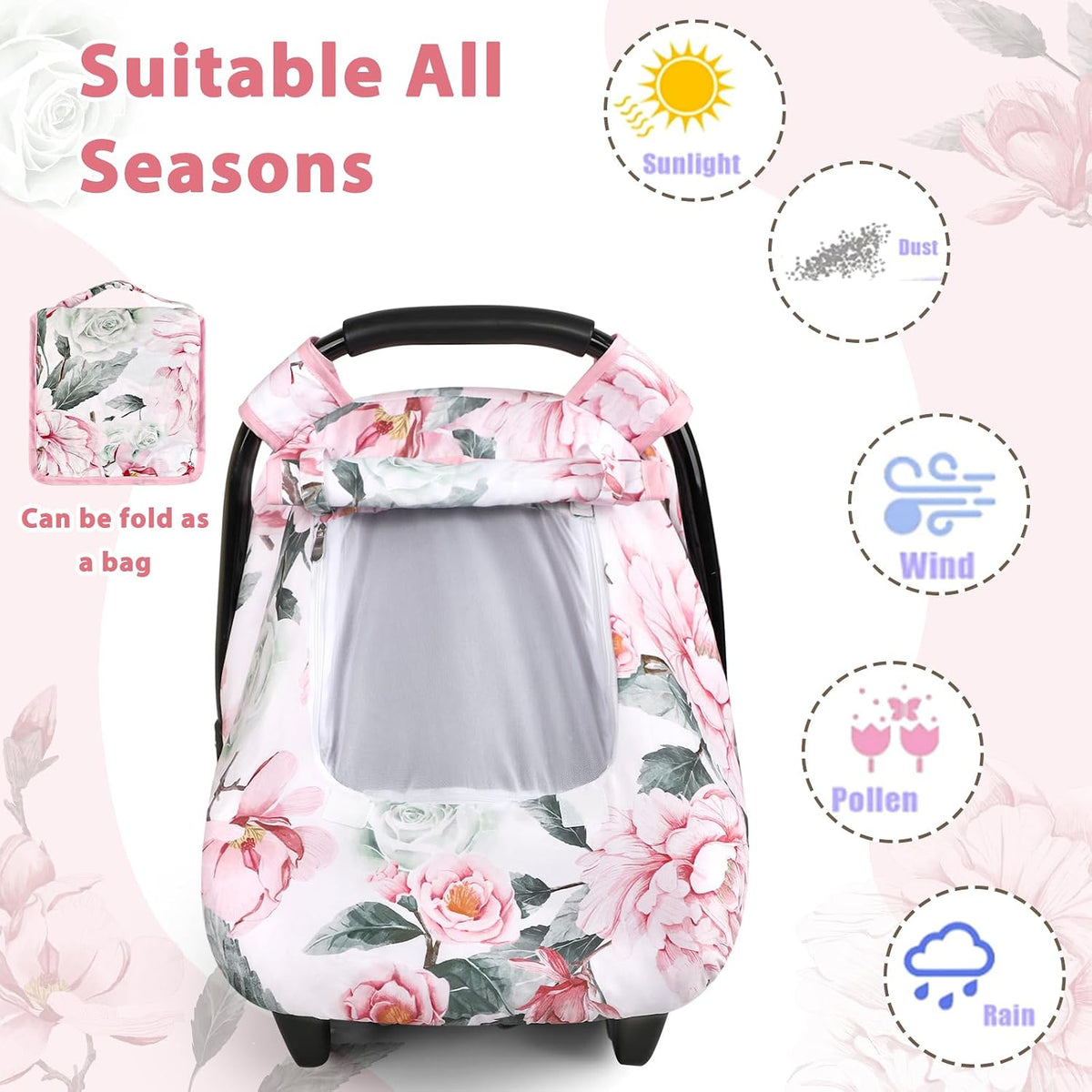 Car Seat Cover Baby Boy, Infant Car Seat Canopy Covers for Newborn with 2 Layers Windows of Breathable Mesh Fabric, Lightweight Polyester/Soft Minky Dot Backing