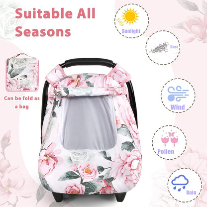 Car Seat Cover Baby Boy, Infant Car Seat Canopy Covers for Newborn with 2 Layers Windows of Breathable Mesh Fabric, Lightweight Polyester/Soft Minky Dot Backing