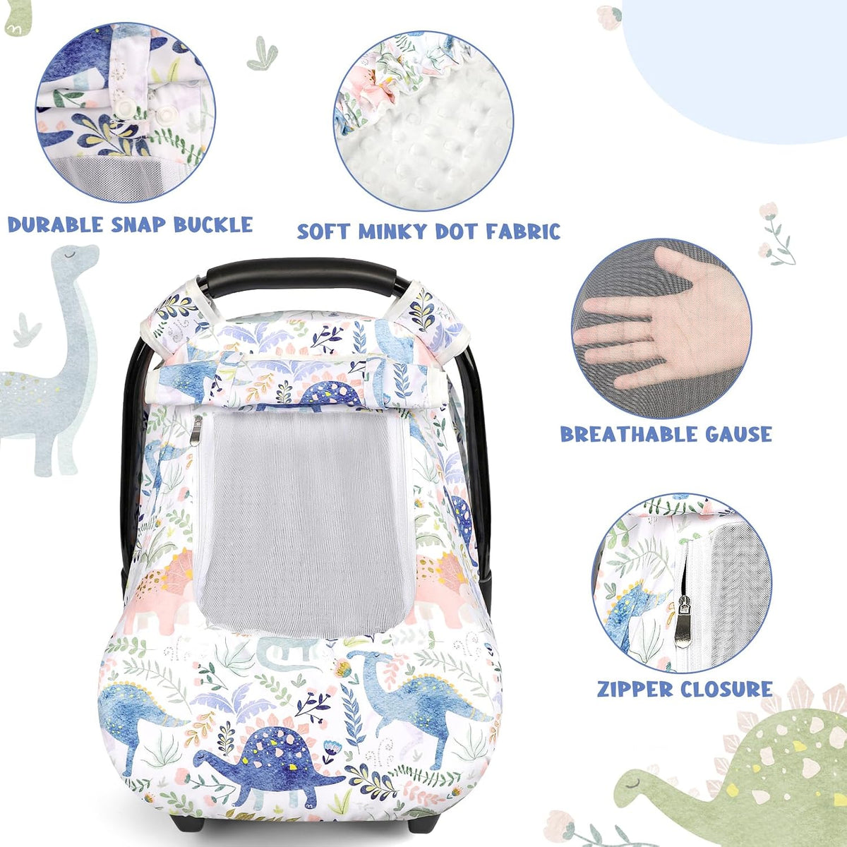 Car Seat Cover Baby Boy, Infant Car Seat Canopy Covers for Newborn with 2 Layers Windows of Breathable Mesh Fabric, Lightweight Polyester/Soft Minky Dot Backing