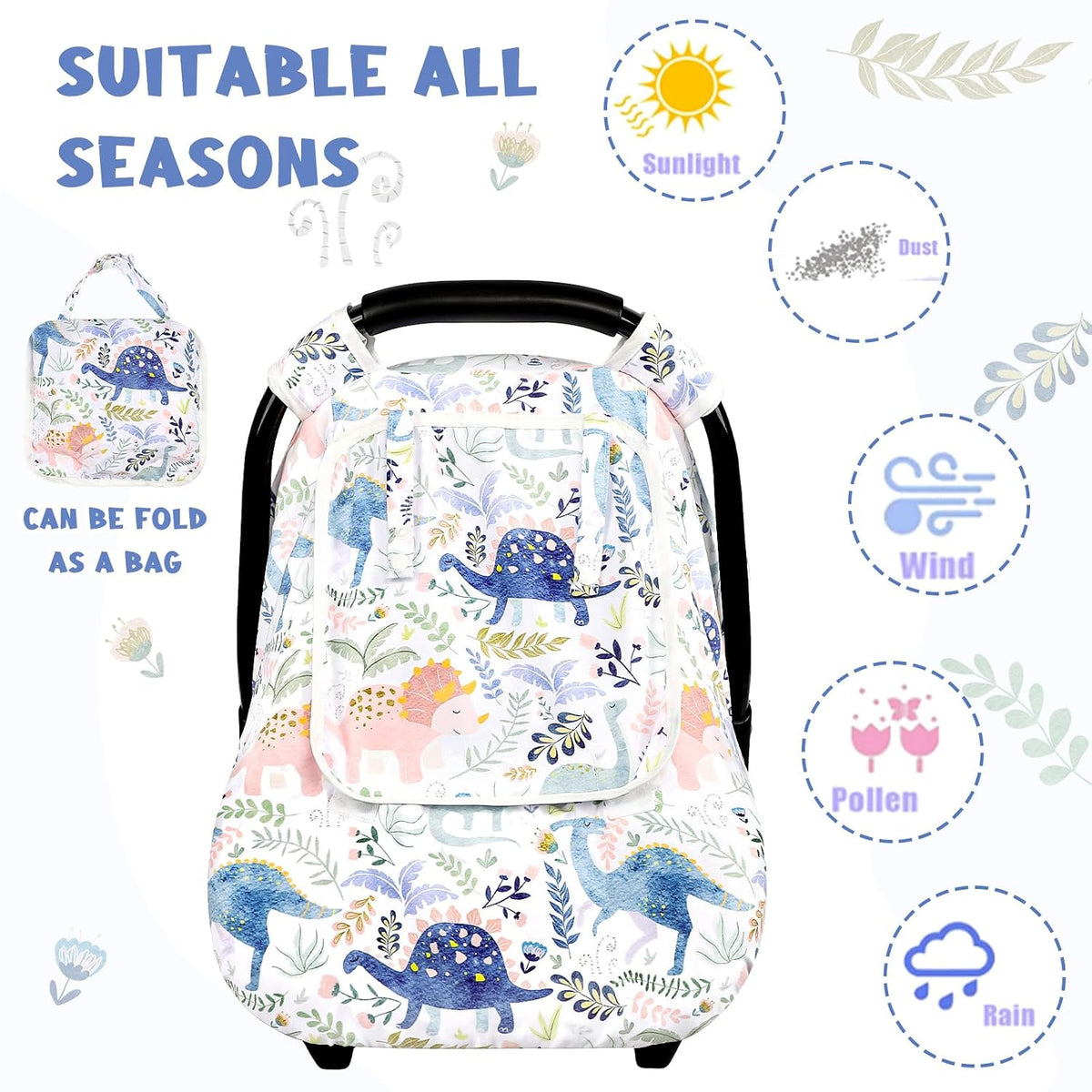 Car Seat Cover Baby Boy, Infant Car Seat Canopy Covers for Newborn with 2 Layers Windows of Breathable Mesh Fabric, Lightweight Polyester/Soft Minky Dot Backing