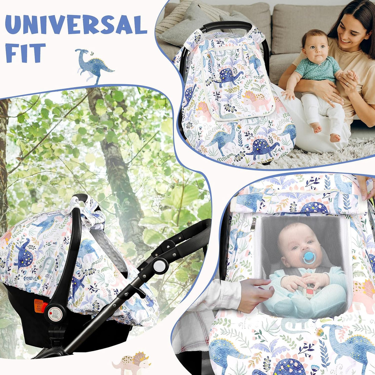 Car Seat Cover Baby Boy, Infant Car Seat Canopy Covers for Newborn with 2 Layers Windows of Breathable Mesh Fabric, Lightweight Polyester/Soft Minky Dot Backing