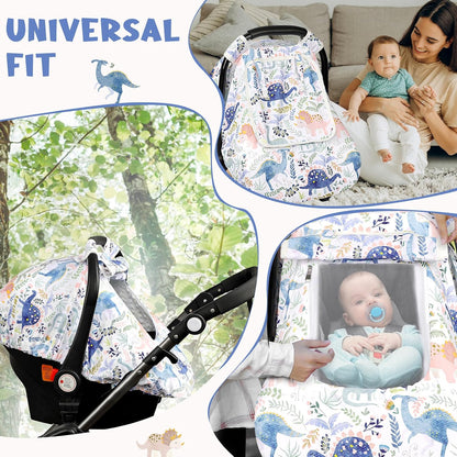 Car Seat Cover Baby Boy, Infant Car Seat Canopy Covers for Newborn with 2 Layers Windows of Breathable Mesh Fabric, Lightweight Polyester/Soft Minky Dot Backing